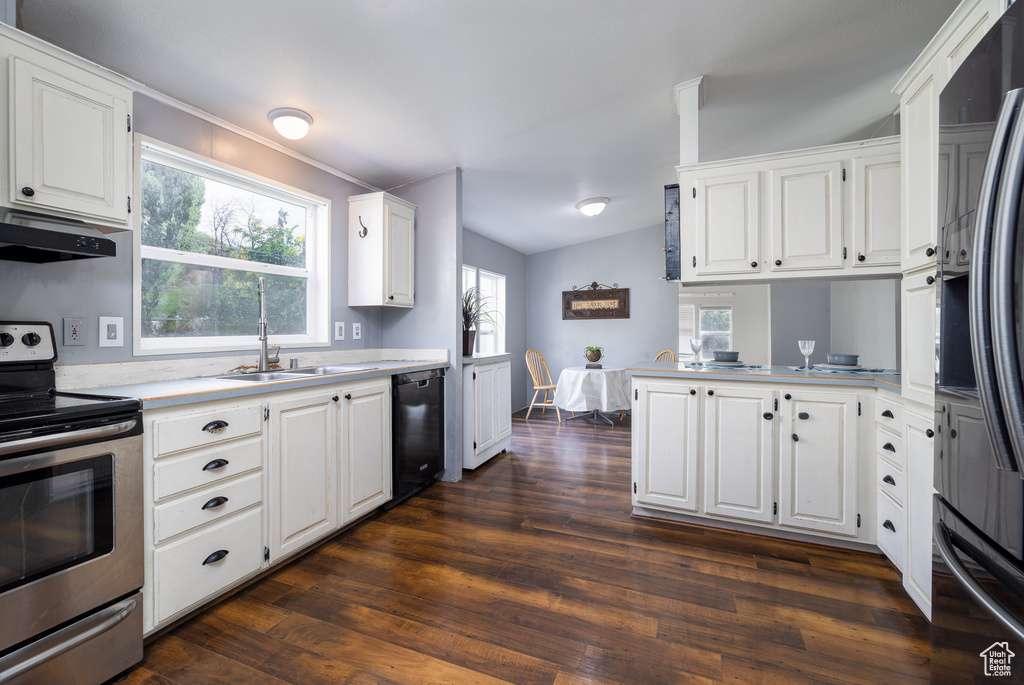 Kitchen with stainless steel appliances, dark hardwood / wood-style floors, white cabinetry, and sink