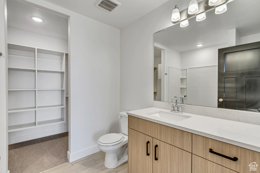 Bathroom featuring vanity, toilet, and wood-type flooring