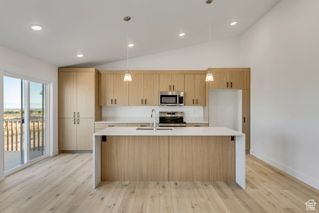 Kitchen with appliances with stainless steel finishes, vaulted ceiling, light hardwood / wood-style flooring, pendant lighting, and sink