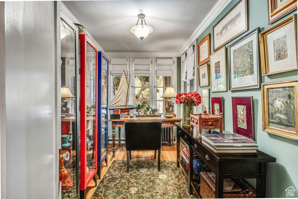 Office space featuring ornamental molding and hardwood / wood-style flooring
