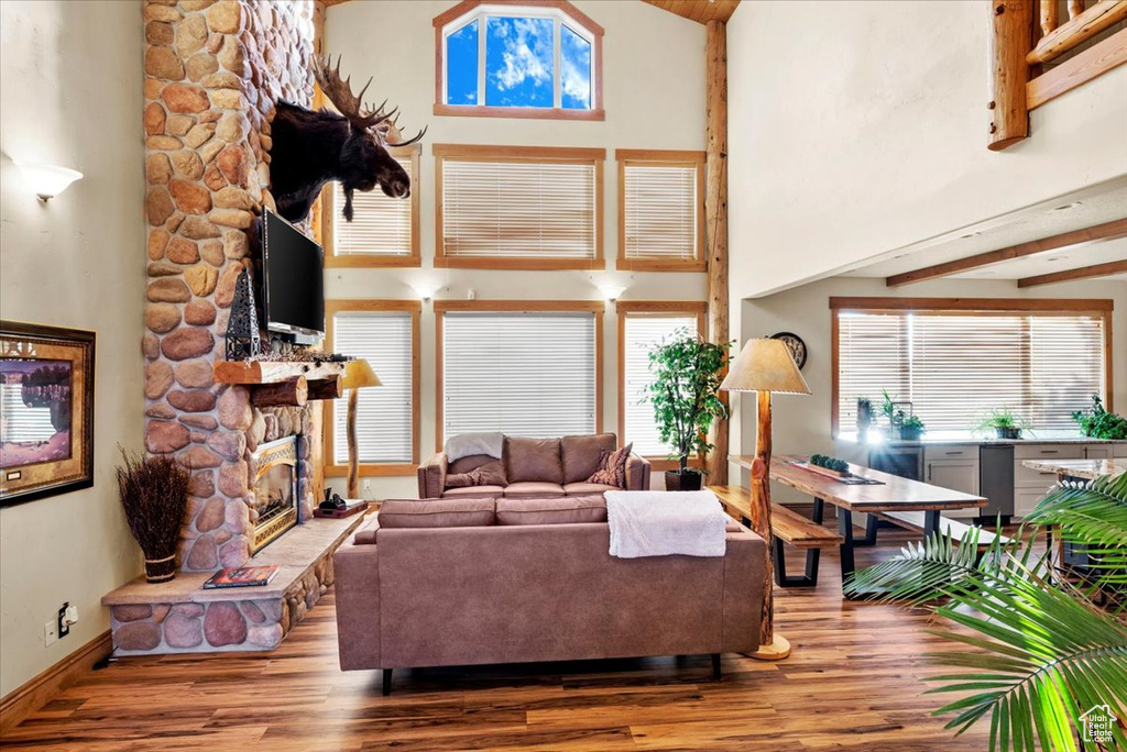 Living room featuring hardwood / wood-style floors, high vaulted ceiling, and a stone fireplace