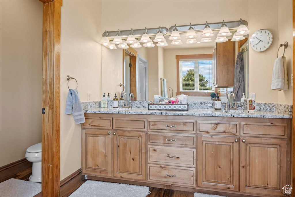 Bathroom featuring dual vanity, wood-type flooring, and toilet