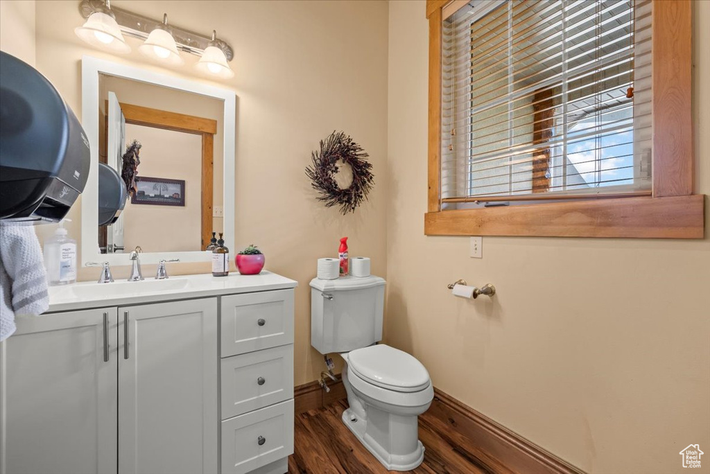 Bathroom with vanity, toilet, and hardwood / wood-style floors