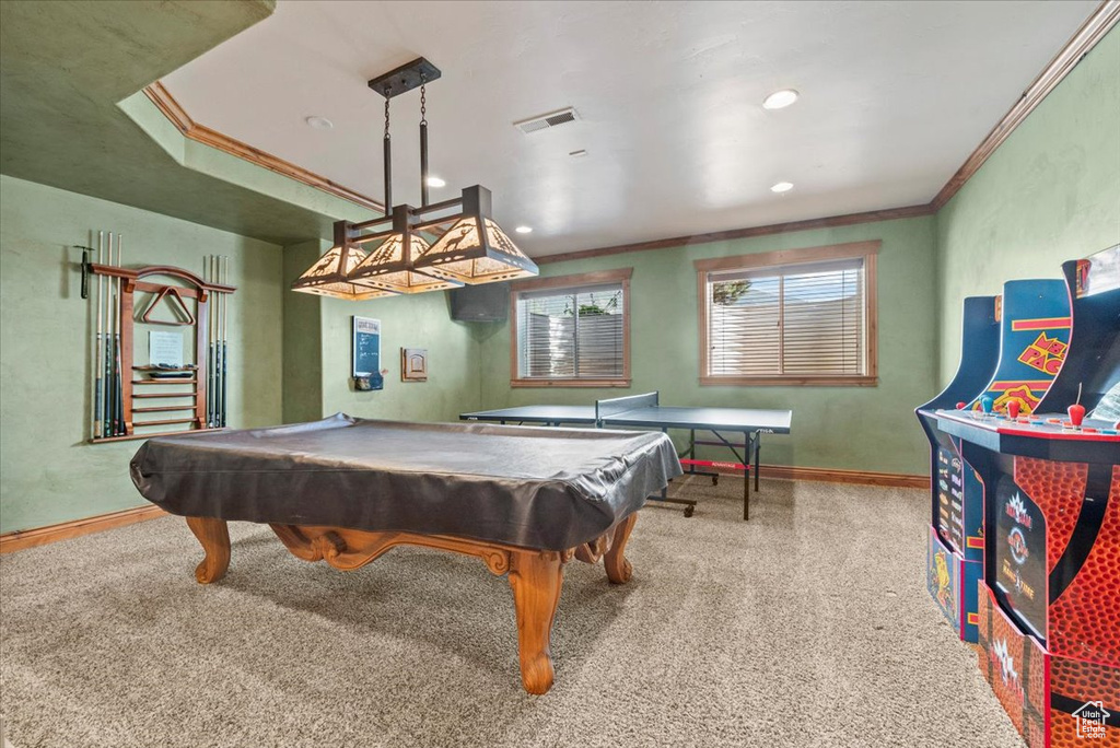 Rec room with crown molding, billiards, and carpet floors