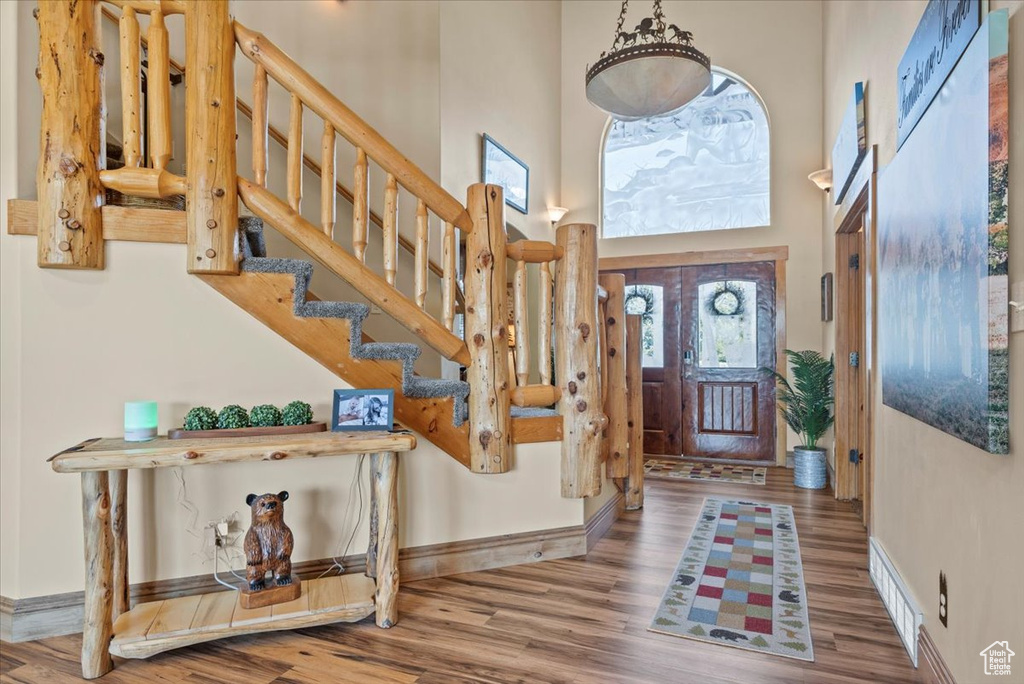 Foyer entrance with wood-type flooring and a healthy amount of sunlight