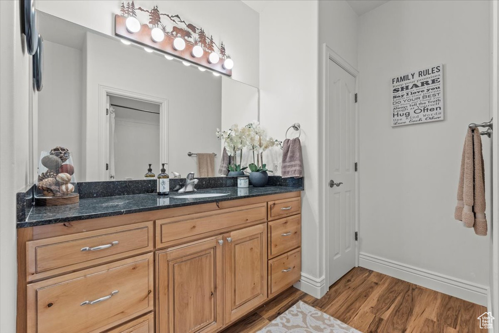 Bathroom with vanity and hardwood / wood-style floors