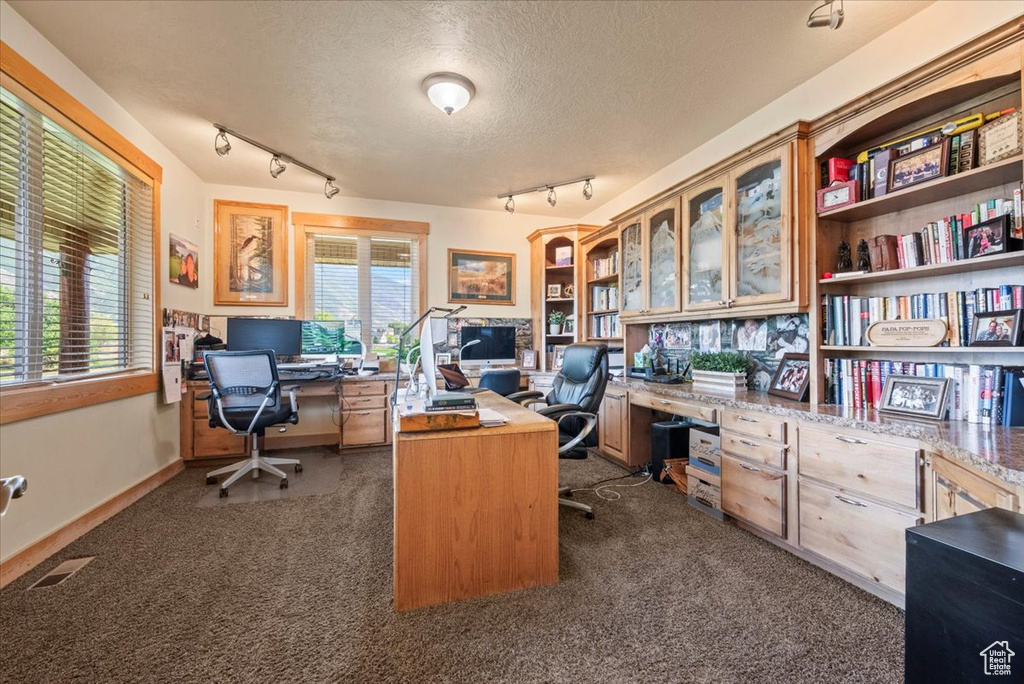 Carpeted office space featuring track lighting, a wealth of natural light, a textured ceiling, and built in desk