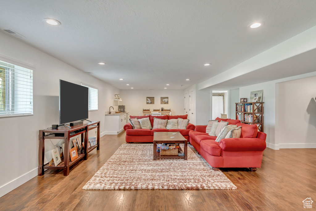 Living room featuring sink, a wealth of natural light, and light wood-type flooring