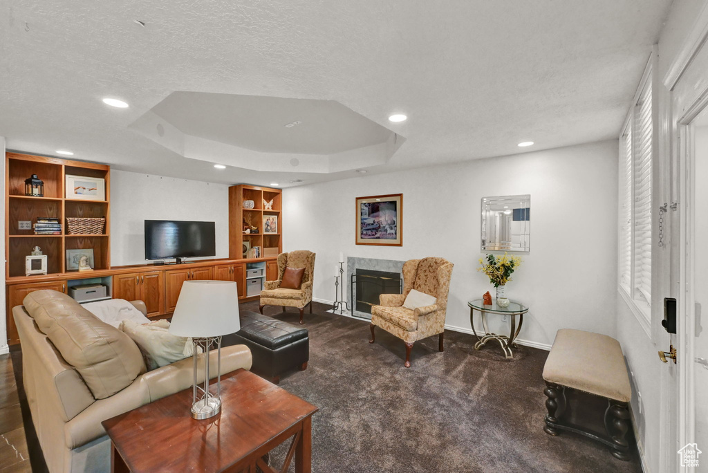 Living room with carpet floors, a textured ceiling, and a raised ceiling