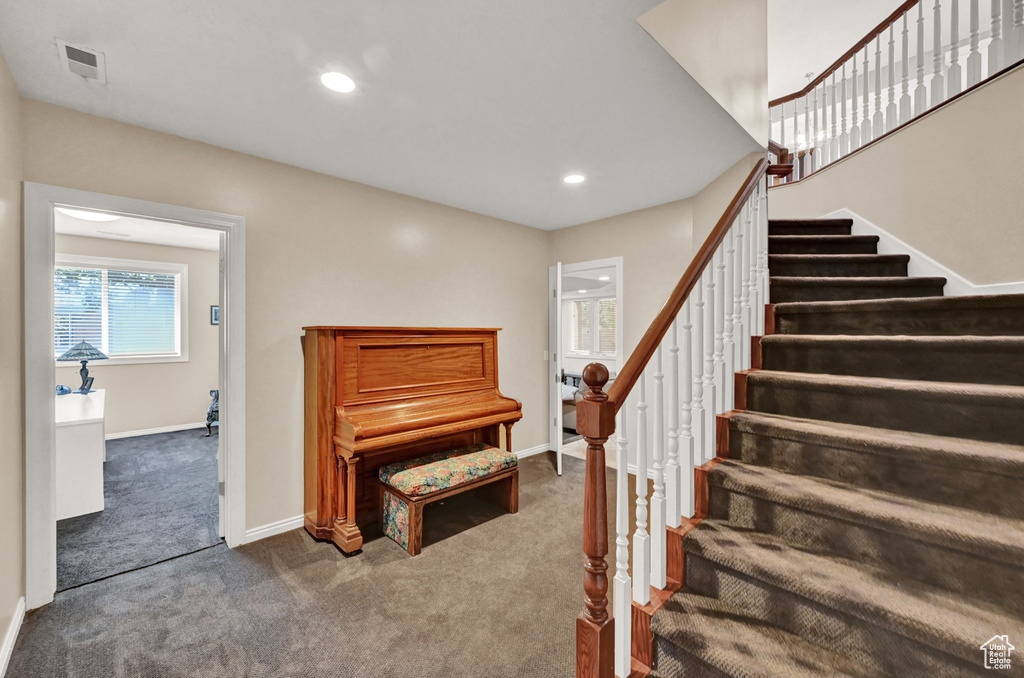 Staircase featuring dark carpet