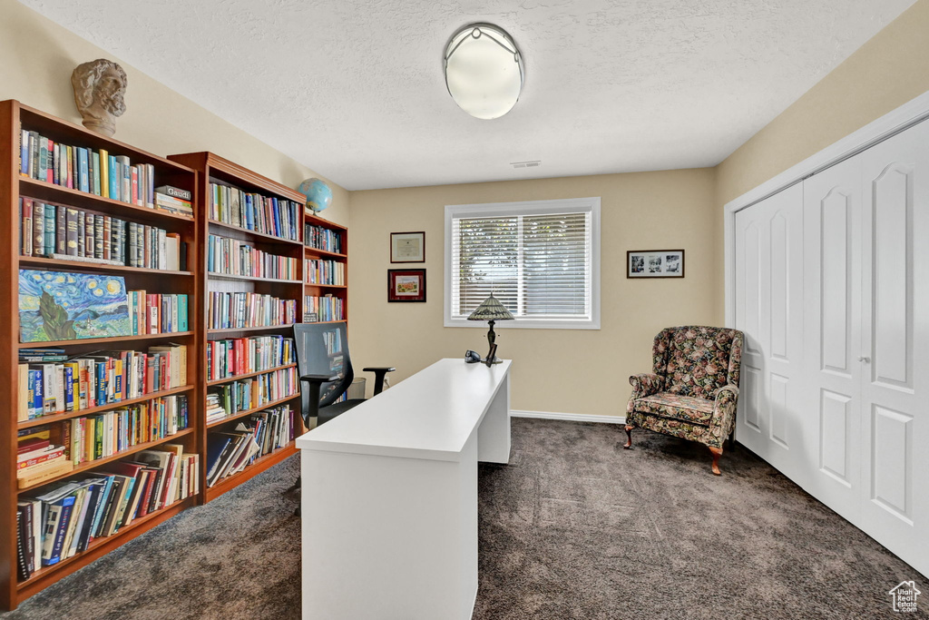 Office space featuring dark colored carpet and a textured ceiling