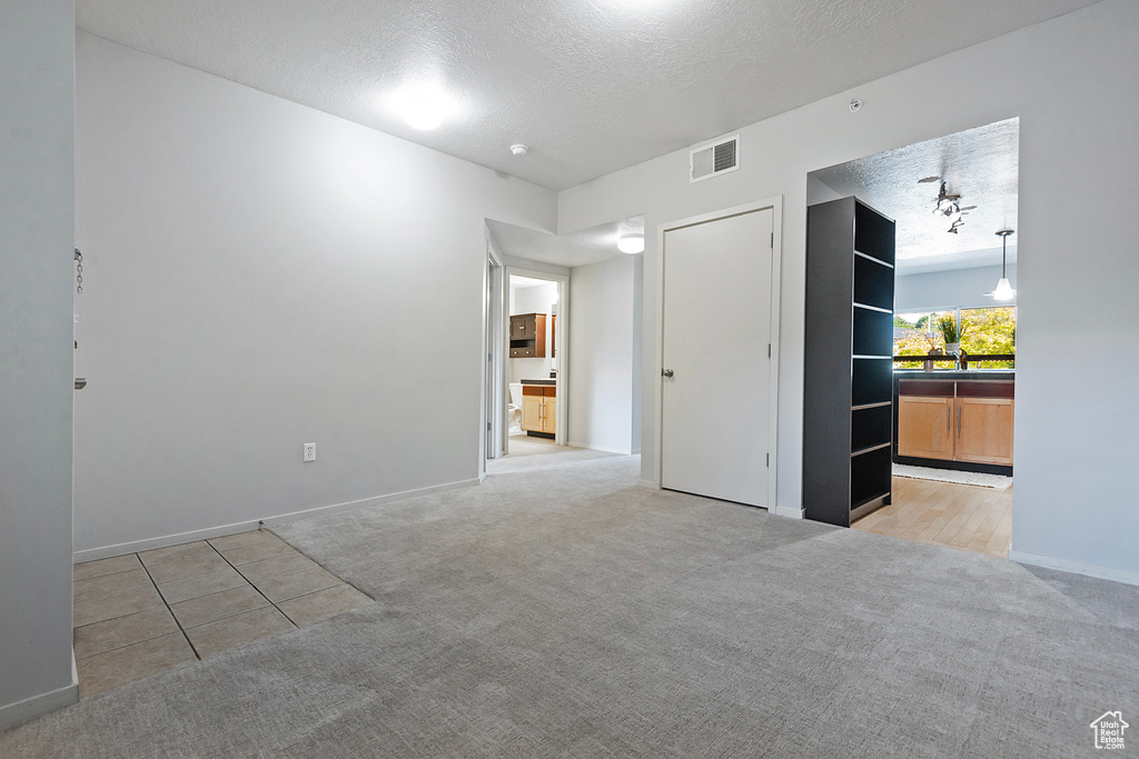 Unfurnished room featuring built in shelves, light carpet, and a textured ceiling