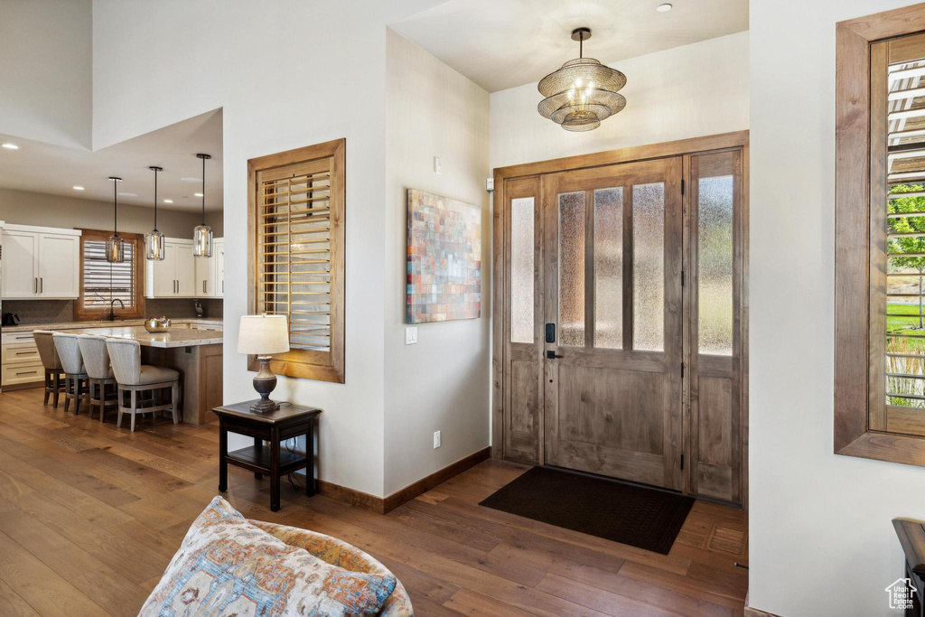 Entrance foyer with sink and dark wood-type flooring