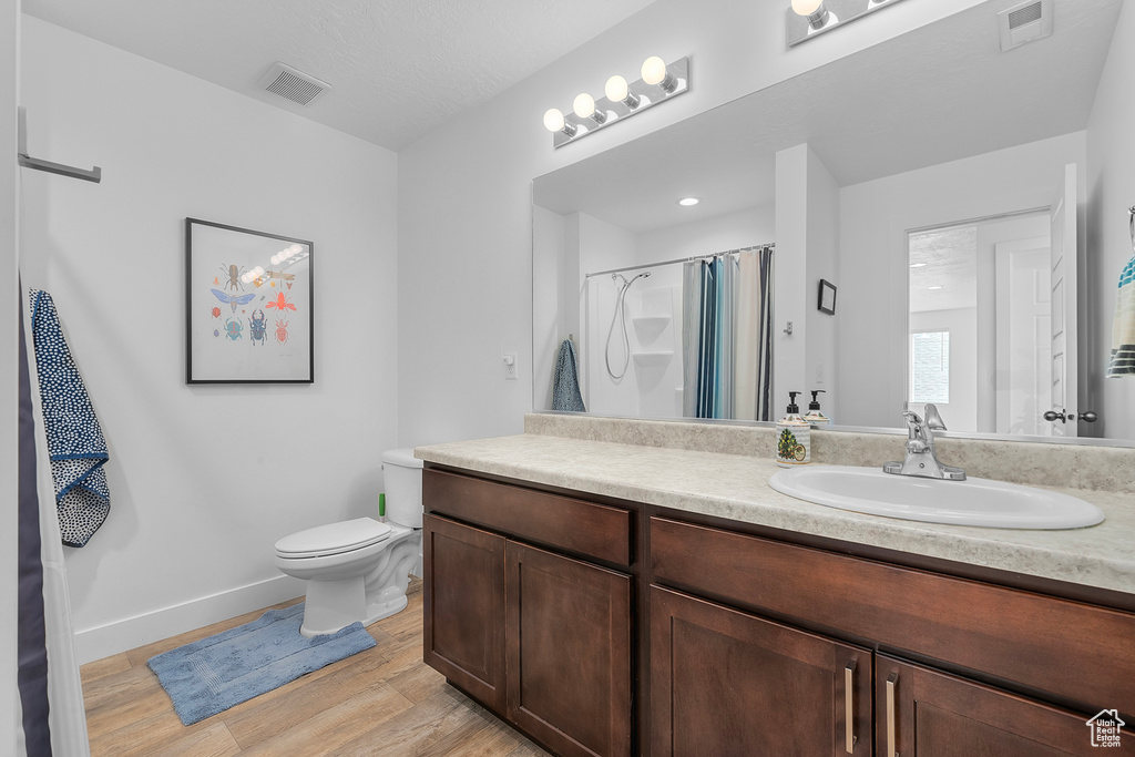 Bathroom featuring wood-type flooring, vanity, and toilet