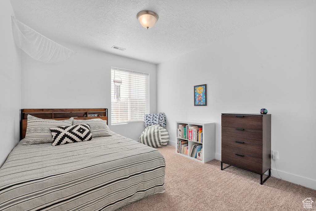 Carpeted bedroom featuring a textured ceiling