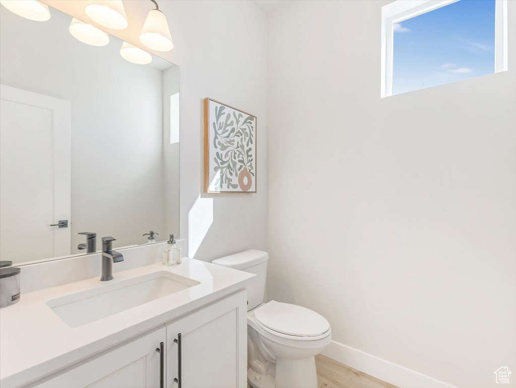 Bathroom with hardwood / wood-style flooring, vanity, and toilet