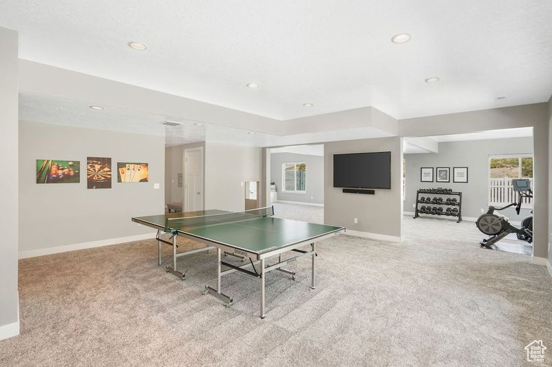 Game room with light colored carpet