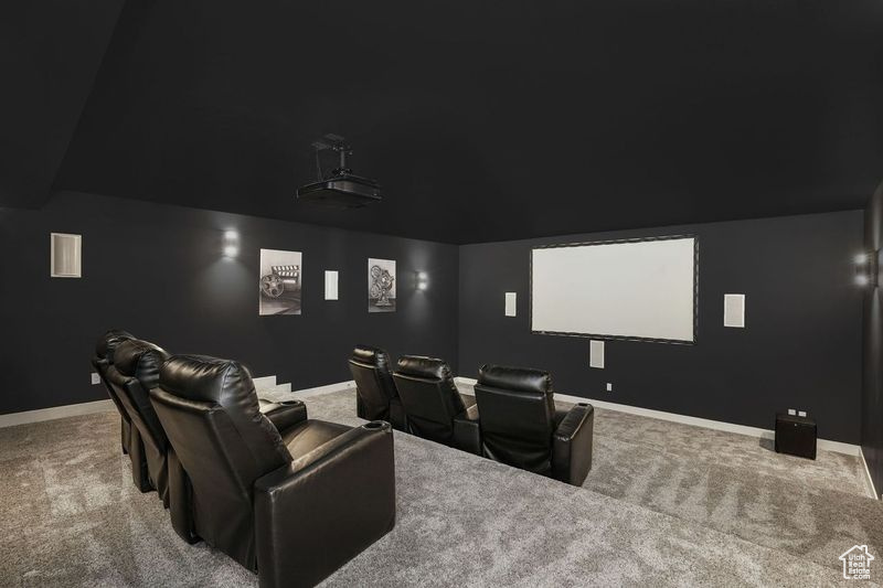 Home theater featuring carpet floors