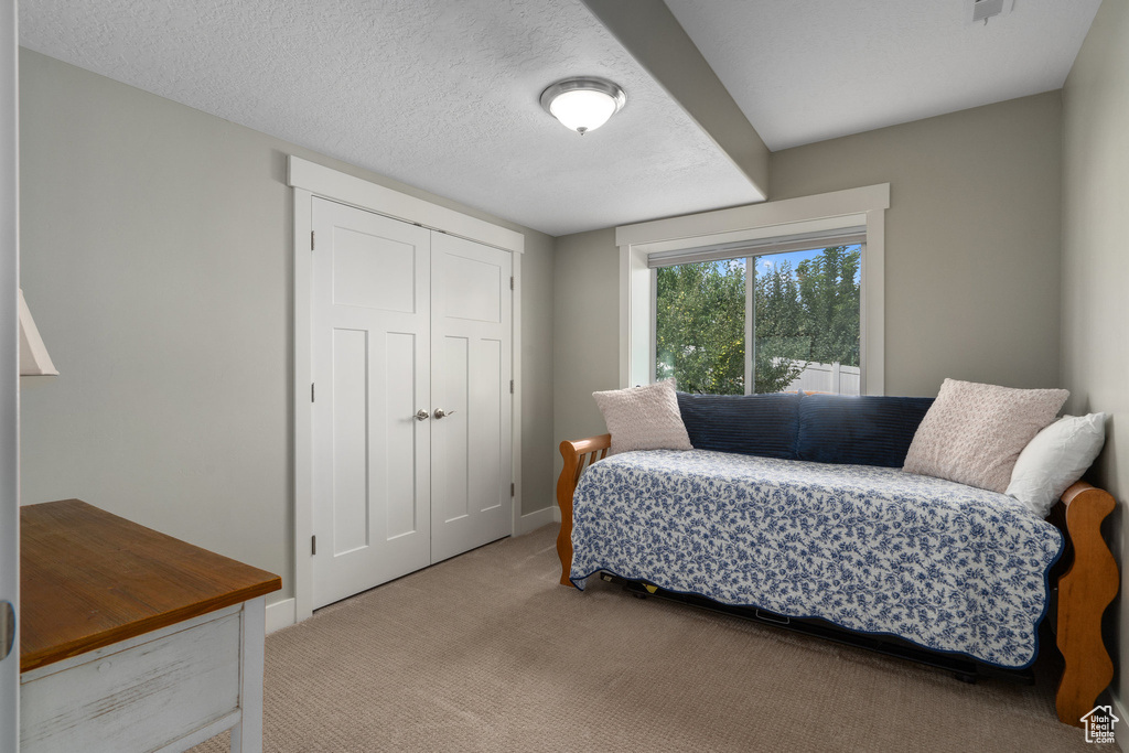 Bedroom with a textured ceiling, carpet floors, and a closet