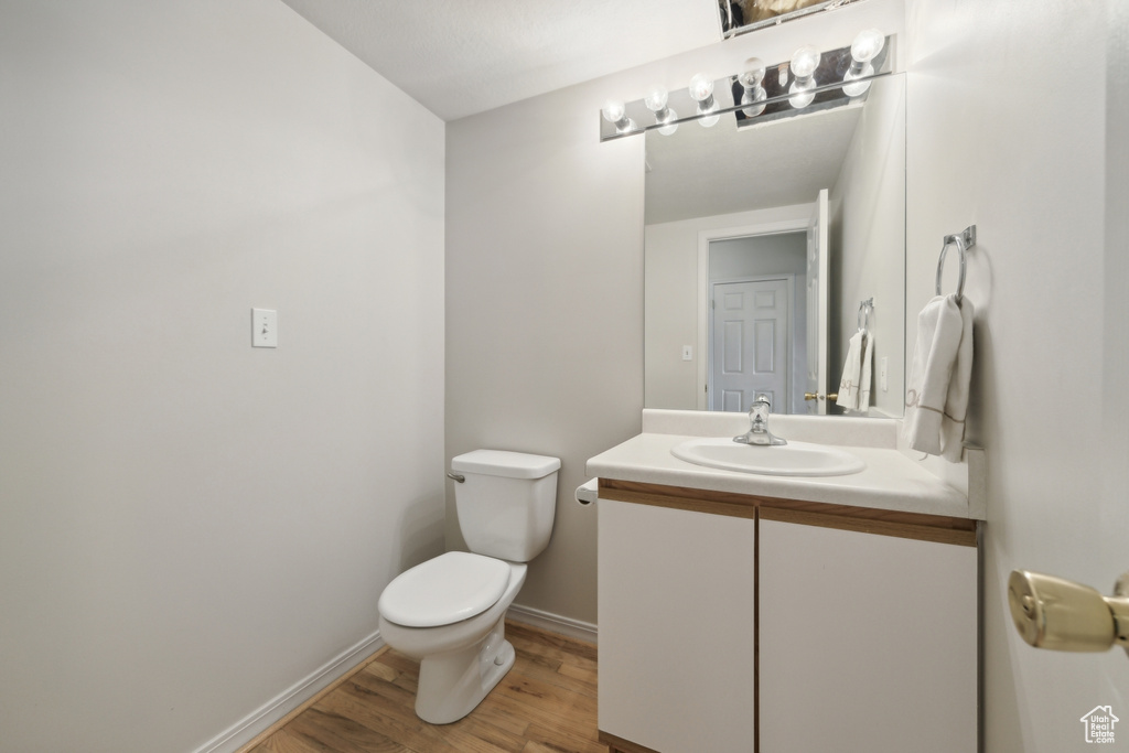 Bathroom with toilet, vanity, and wood-type flooring