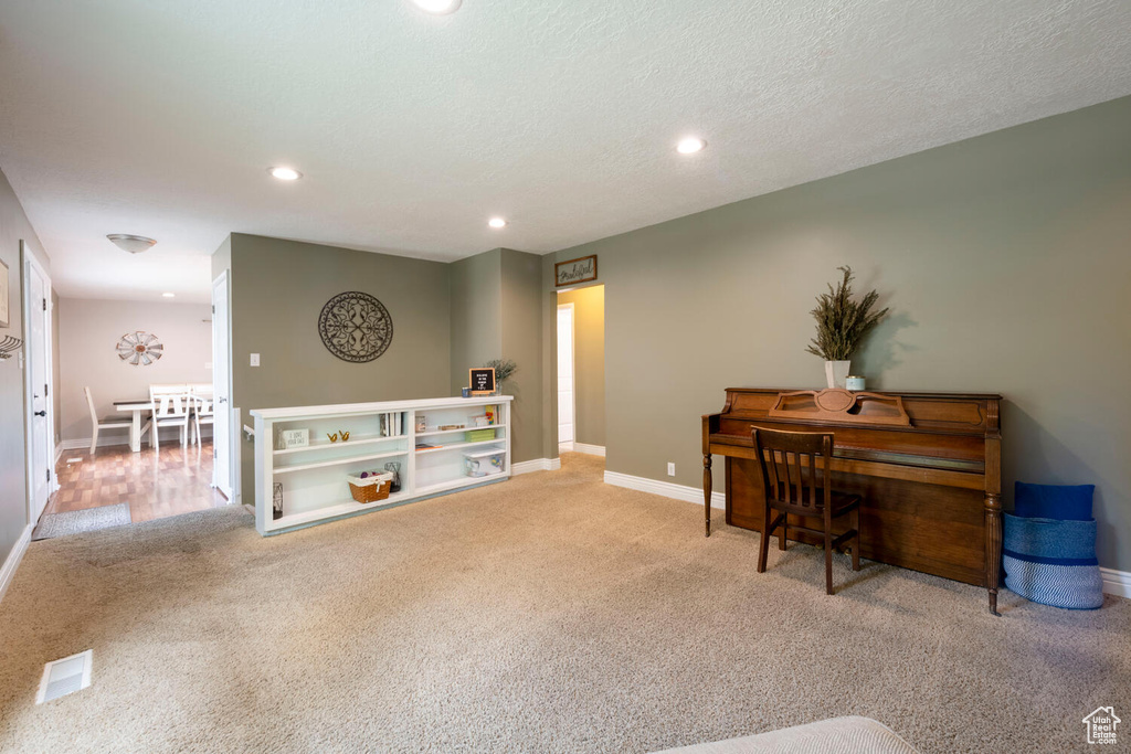 Interior space featuring a textured ceiling and carpet flooring