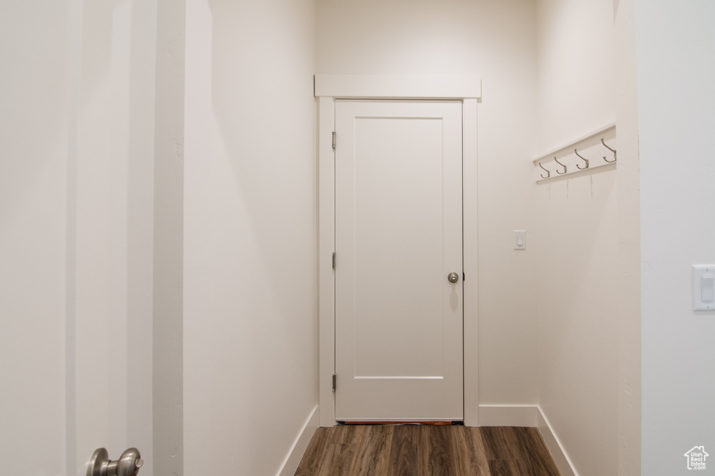 Doorway with dark wood-type flooring