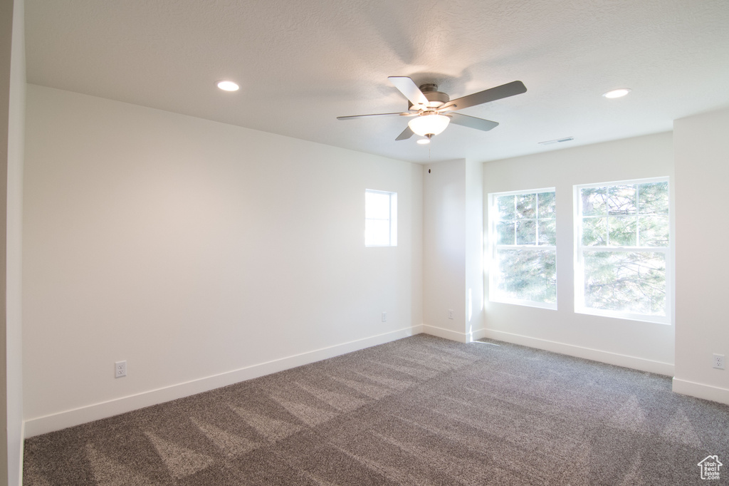 Carpeted spare room with ceiling fan and a healthy amount of sunlight