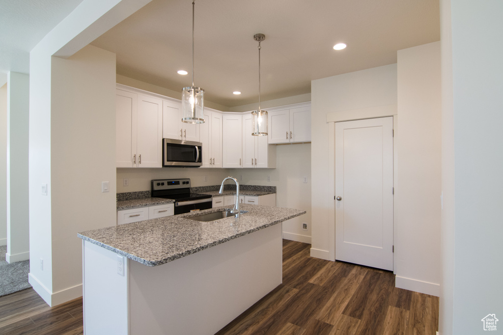 Kitchen featuring appliances with stainless steel finishes, sink, dark hardwood / wood-style flooring, and a center island with sink