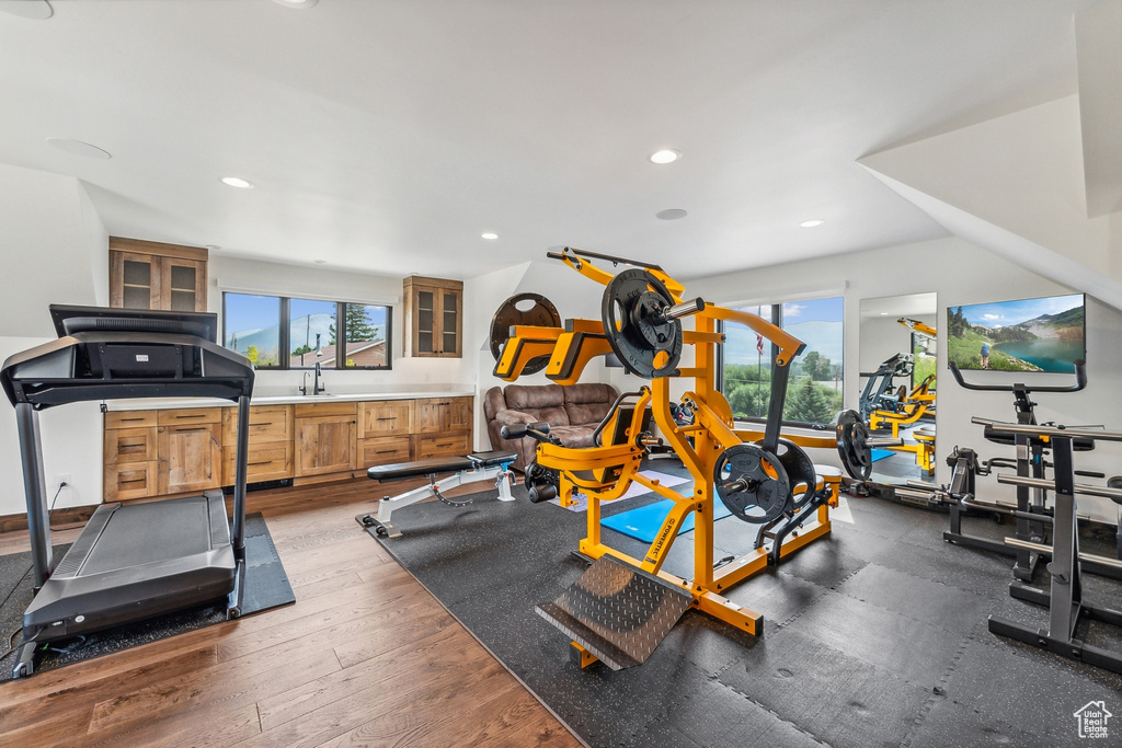 Workout room with a wealth of natural light, sink, and hardwood / wood-style floors