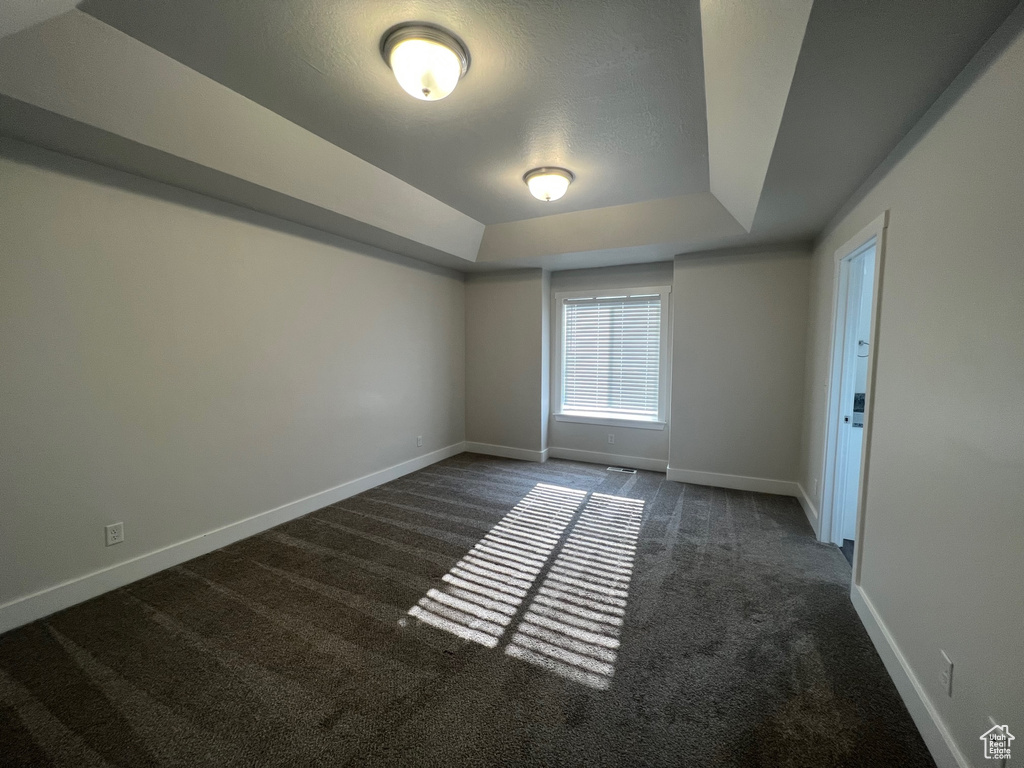 Carpeted empty room featuring a raised ceiling