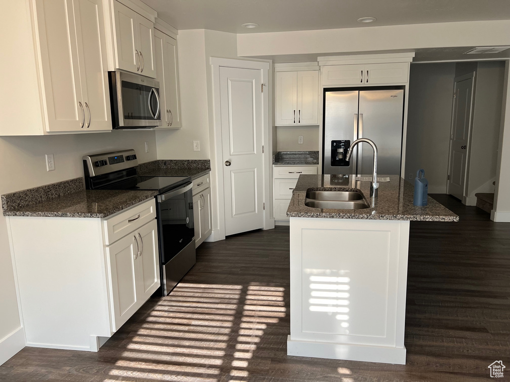 Kitchen with dark wood-type flooring, an island with sink, sink, and stainless steel appliances