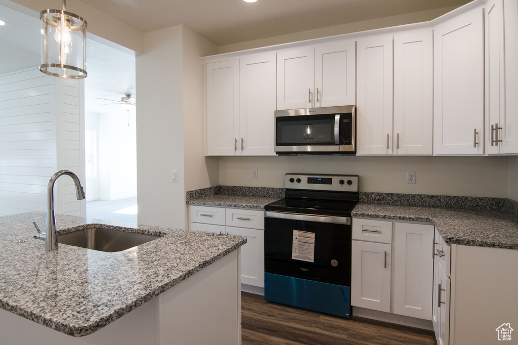 Kitchen with dark hardwood / wood-style flooring, appliances with stainless steel finishes, ceiling fan, sink, and white cabinetry