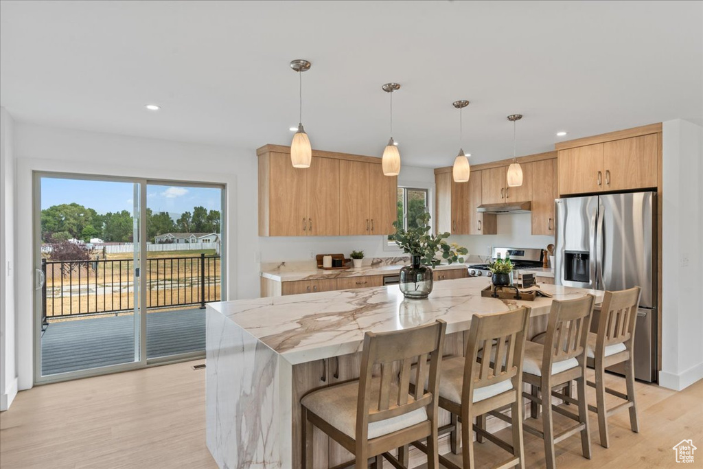 Kitchen with stainless steel appliances, pendant lighting, a breakfast bar area, a kitchen island, and light hardwood / wood-style flooring