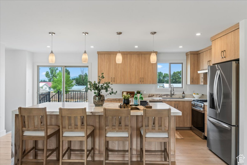 Kitchen with stainless steel appliances, pendant lighting, a center island, and light hardwood / wood-style floors