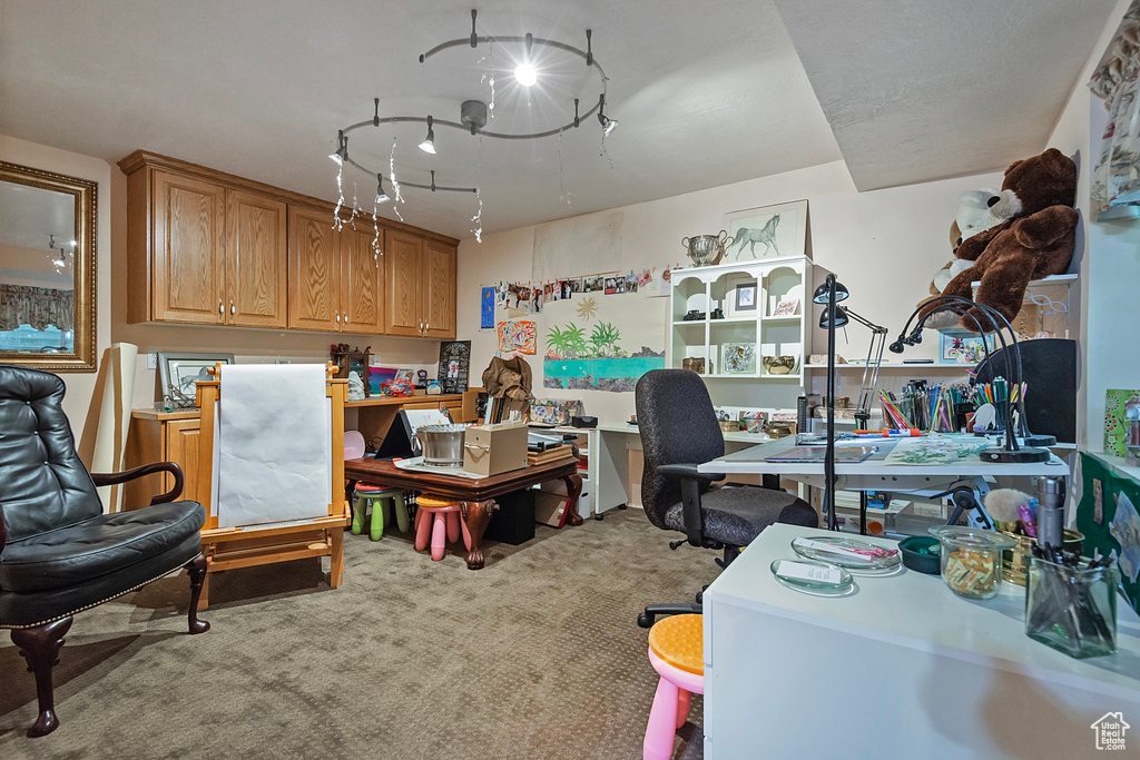 Carpeted office featuring rail lighting