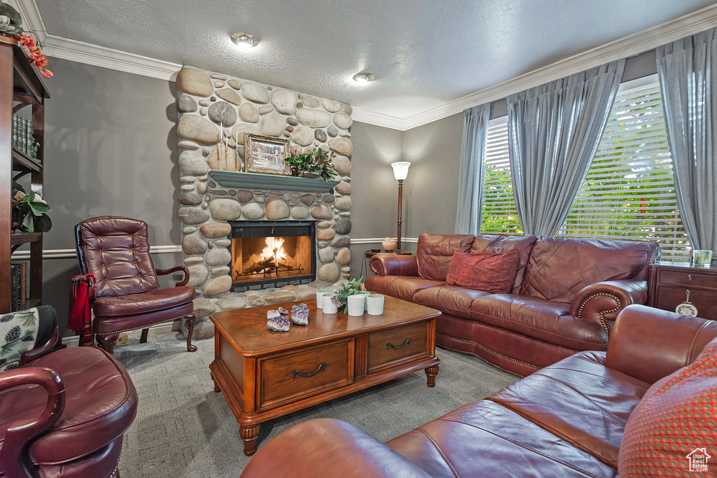 Living room featuring a textured ceiling, carpet, a fireplace, and crown molding