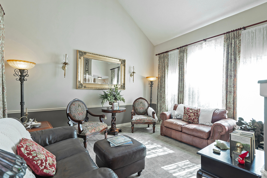 Carpeted living room featuring high vaulted ceiling