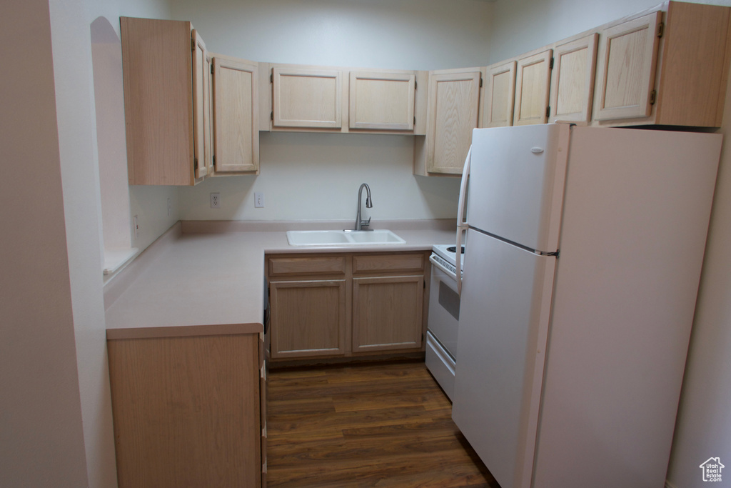 Kitchen with light brown cabinets, sink, dark wood-type flooring, and white appliances