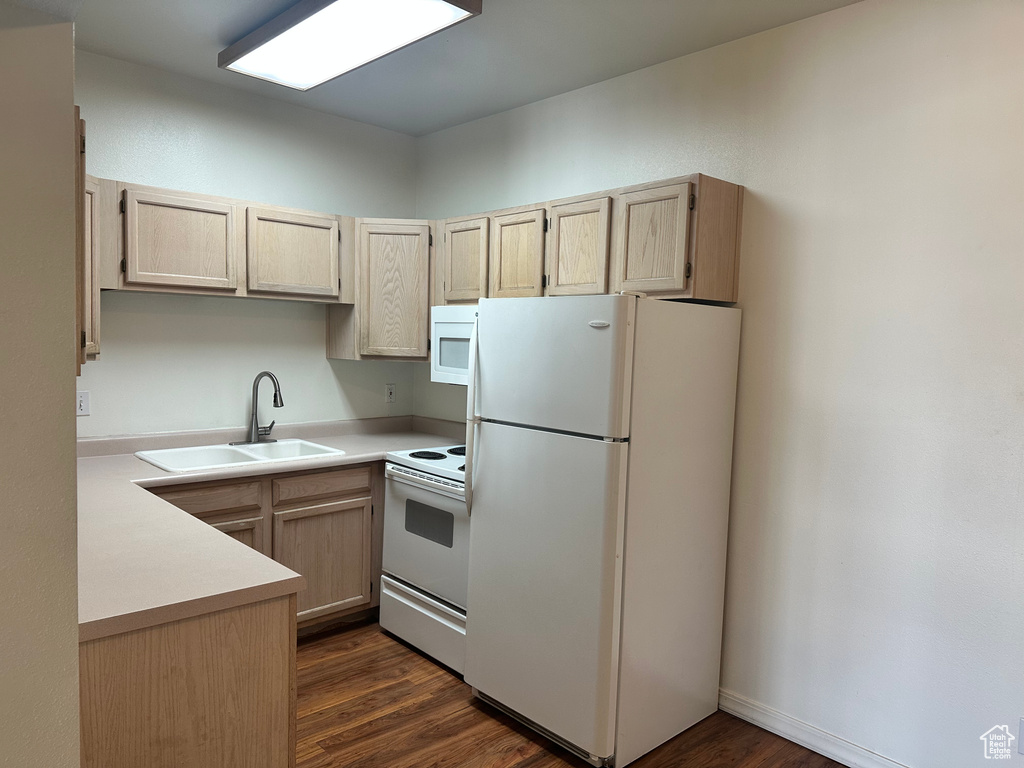 Kitchen featuring white appliances, light brown cabinetry, sink, and dark hardwood / wood-style flooring