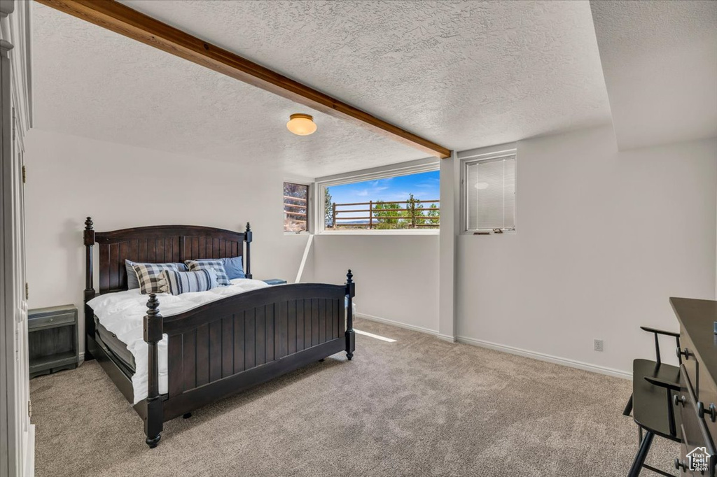 Carpeted bedroom with a textured ceiling