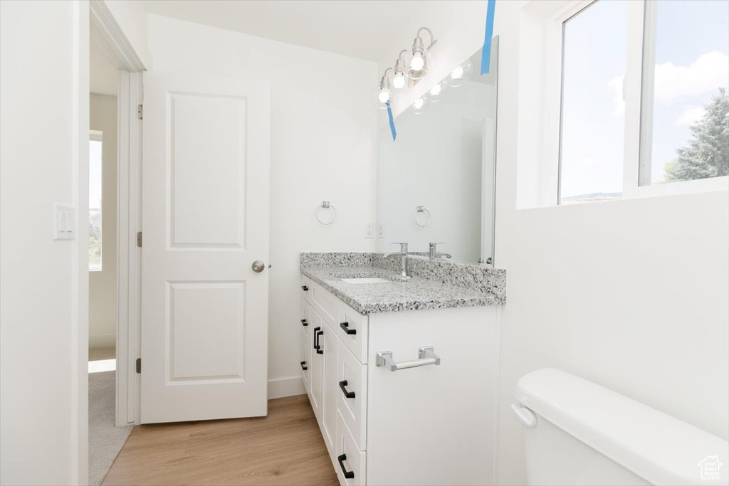 Bathroom with hardwood / wood-style floors, toilet, and vanity