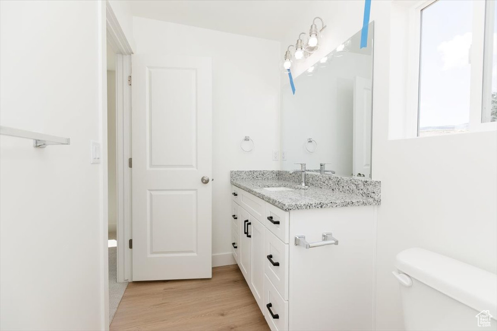 Bathroom with vanity, toilet, and wood-type flooring