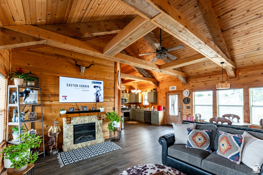 Living room with wood walls, dark wood-type flooring, and wood ceiling