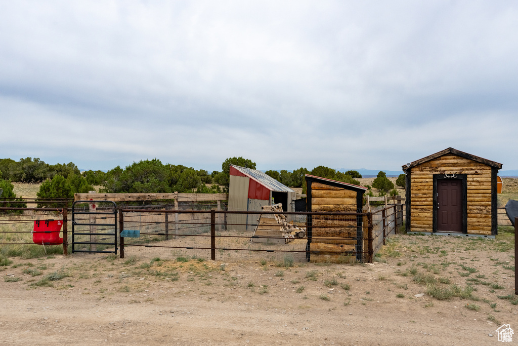 Exterior space featuring an outbuilding