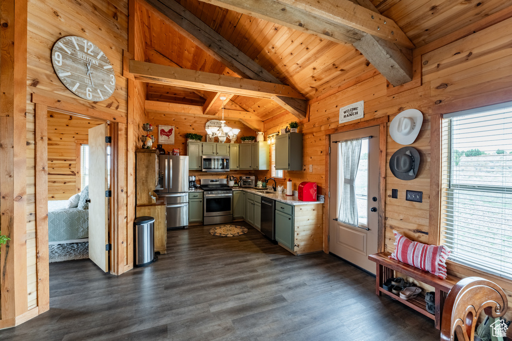 Kitchen with appliances with stainless steel finishes, wooden walls, dark hardwood / wood-style flooring, and wooden ceiling