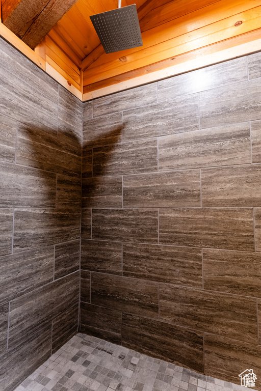 Bathroom with wood ceiling