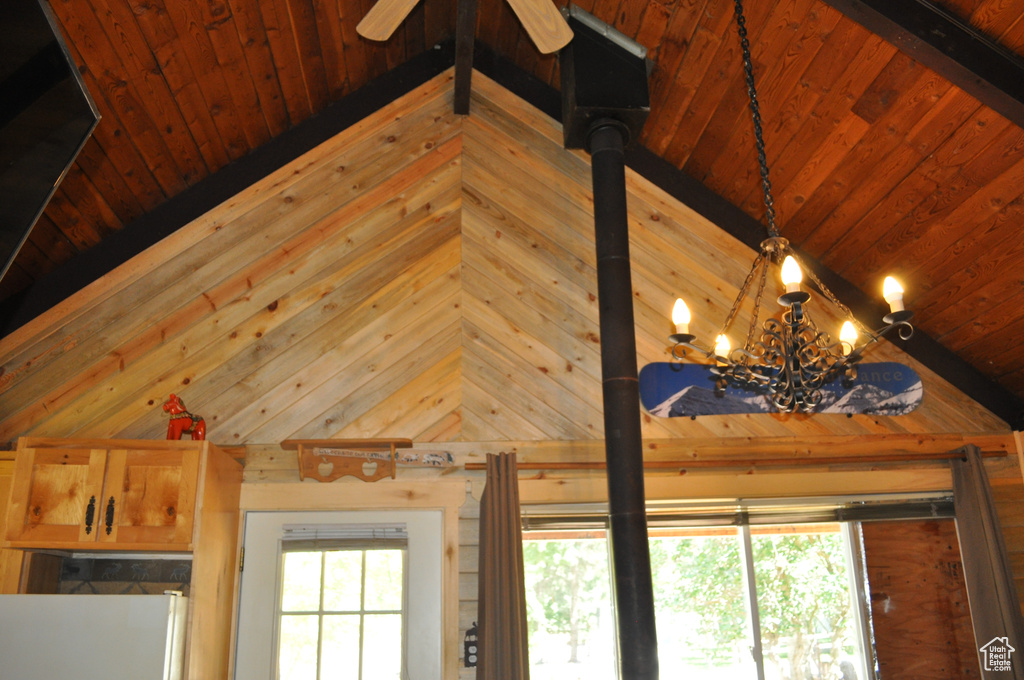 Details with a notable chandelier, white refrigerator, wooden walls, and wooden ceiling