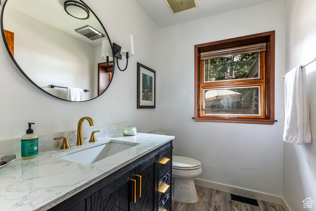 Bathroom with toilet, vanity, and hardwood / wood-style floors