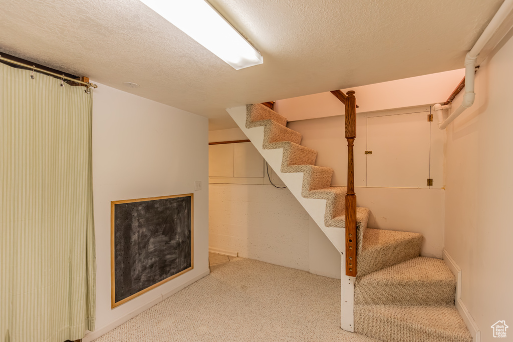 Basement with a textured ceiling and light carpet