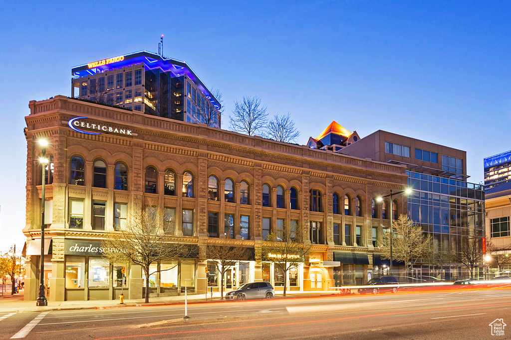 View of outdoor building at dusk